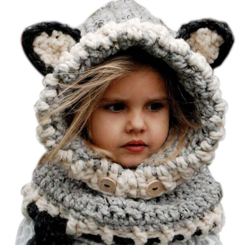 Lovely Design Kids Winter Warm Knitted Hats Fox Design Children Shawl Hooded Cowl Beanie Girls Neck Wrap & Scarf Hat Cap NO4