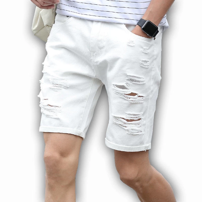 Mens Denim Shorts Slim Regular Casual Knee Length Short Hole Jeans Shorts For Men Summer White Blue