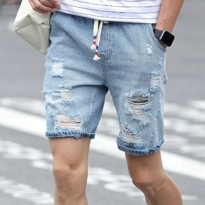 Mens Denim Shorts Slim Regular Casual Knee Length Short Hole Jeans Shorts For Men Summer White Blue - Image 3