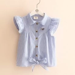 Summer Stripe Butterfly Sleeve Child Girl's Blouses Shirts Children Clothing Baby Child Shirt For 100-140 Cm Kid