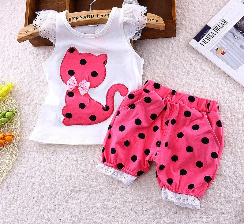 Europe Summer Children Clothing Set Baby Girls Bow Cat Shirt + Shorts Suit 2pcs Kids Polka Dot Clothes Suit 1-4 Years