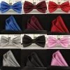 100% Silk Solid Bowtie Men Vintage Purple Black Yellow Silver Wedding Bow Tie Pocket Square Handkerchief Set Lote
