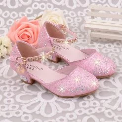 Princess Shoes Summer Breathable Sandals Rhinestone Mid Heel Single Shoes Kids Leather Sandal Children Shoe