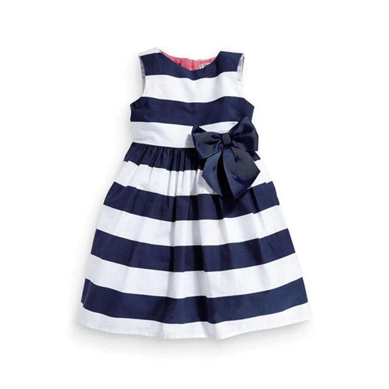 Baby Kid Girls Sleeveless One Piece Dress Blue Striped Bowknot Tutu Summer Dresses