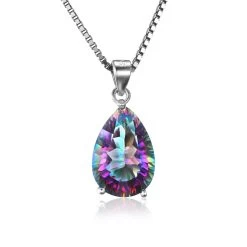 4ct Genuine Multicolor Rainbow Fire Mystic Topaz Pendant Pear Real Pure 925 Sterling Silver For Women