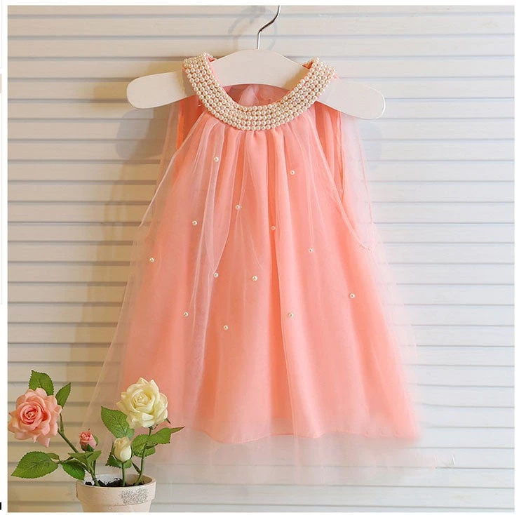 Girl's Dresses Summer Style Children's Dress Fashion Baby Girls Pure Color Pearl Collar Tutu Princess Dress For Kids Clothing