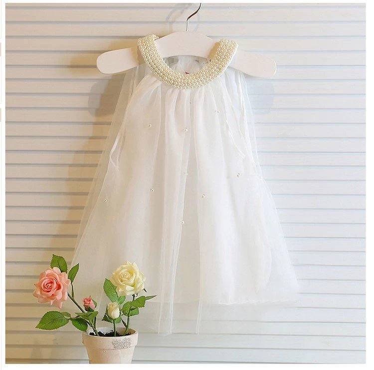 Girl's Dresses Summer Style Children's Dress Fashion Baby Girls Pure Color Pearl Collar Tutu Princess Dress For Kids Clothing - Image 2