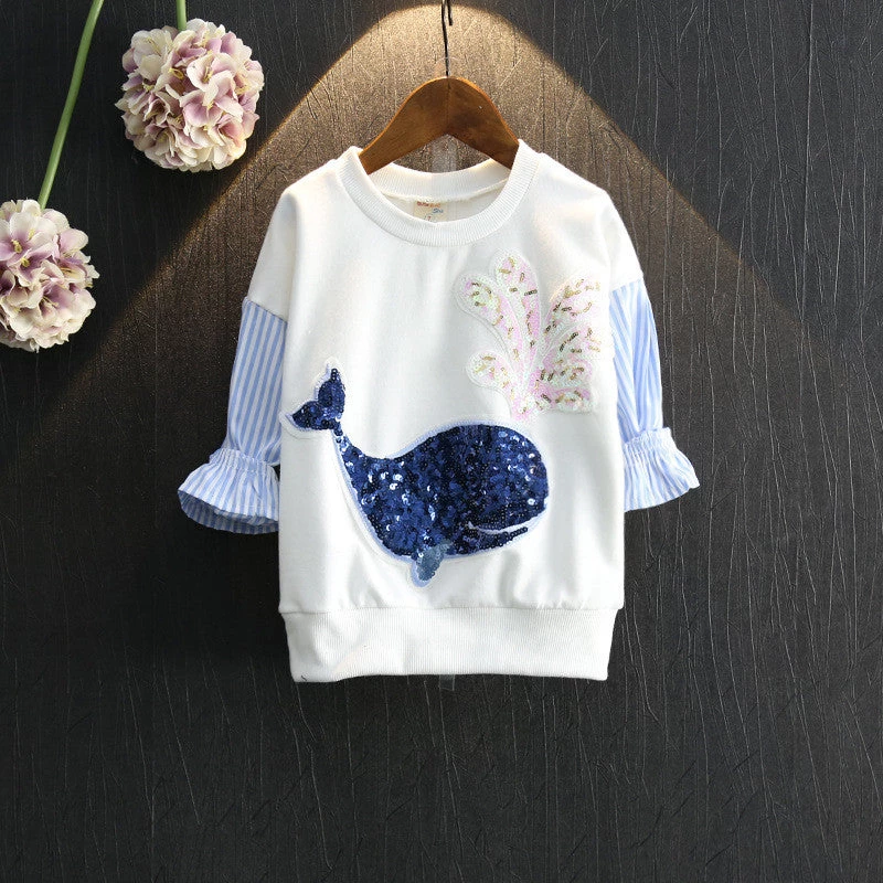 Child Long-sleeve T-shirt Autumn Female Child Paillette O-neck Patchwork Stripe Sweatshirt Girl Sweater