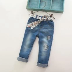 Baby Girls Fashion Denim Jeans Girls Flower-belt Skinny Jeans Kids Spring Autumn Jeans Child Long Pants
