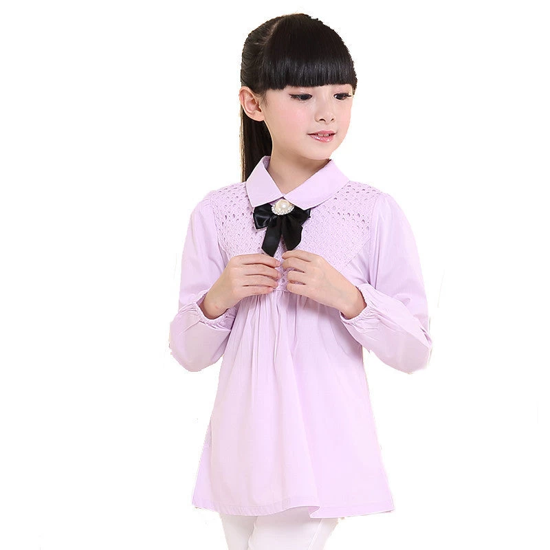 Baby Children's Clothing Spring Big Kids Clothes Long-sleeve Cotton School White & Purple Lace Girls Blouse Children Shirt - Image 3