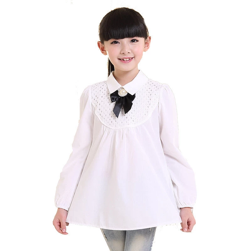 Baby Children's Clothing Spring Big Kids Clothes Long-sleeve Cotton School White & Purple Lace Girls Blouse Children Shirt - Image 2