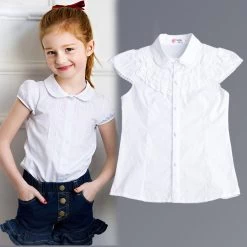 Summer Girls Blouse Kids Baby Girl Clothes Cotton Tops Lace School White Blouses For Girls Short Shirts Children Clothing