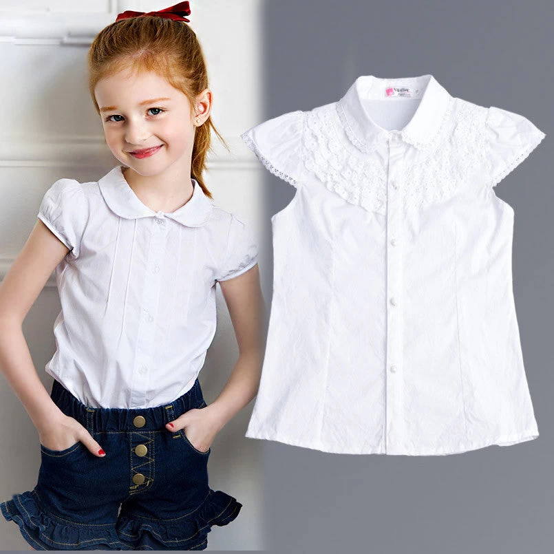 Summer Girls Blouse Kids Baby Girl Clothes Cotton Tops Lace School White Blouses For Girls Short Shirts Children Clothing