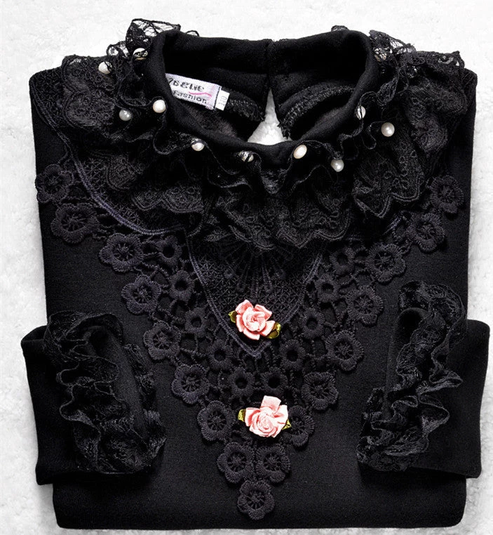 Lace Shirt Fashion Girls Lace Blouses Children'S Shirts Top Long Sleeve Flower Autumn White/Pink/Black/ For 3~13 Age - Image 6
