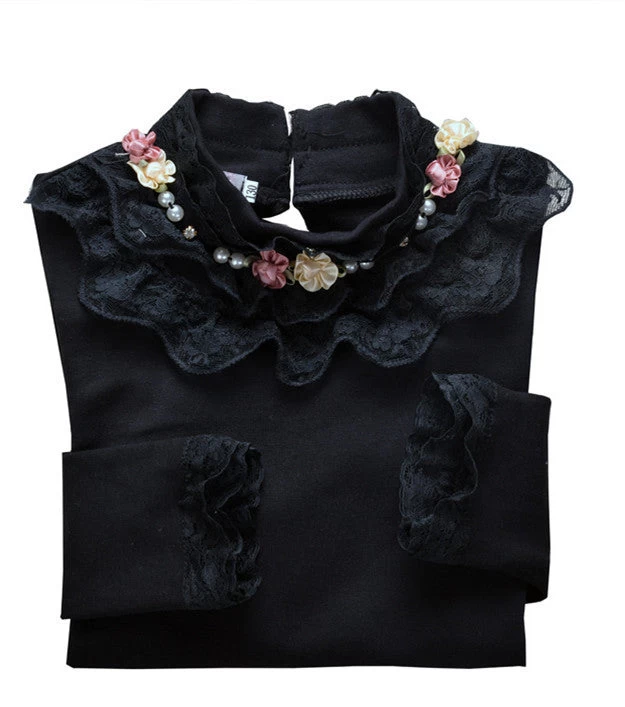 Lace Shirt Fashion Girls Lace Blouses Children'S Shirts Top Long Sleeve Flower Autumn White/Pink/Black/ For 3~13 Age - Image 2