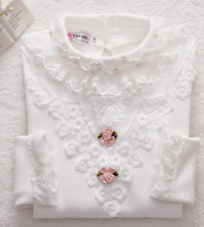 Lace Shirt Fashion Girls Lace Blouses Children'S Shirts Top Long Sleeve Flower Autumn White/Pink/Black/ For 3~13 Age - Image 5