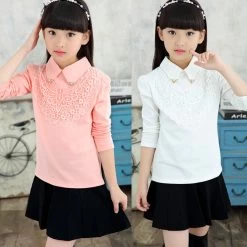 Girls Blouses Spring Autumn Children Clothing Turn-Down Collar Girl Princess Shirts Pearl Child Lace Bottoming Shirt 3-12Y