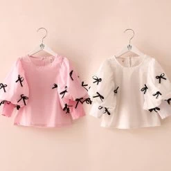 Spring Bow Children'S Girls Clothing Lantern Sleeve Shirt Long-Sleeve Shirt Tops
