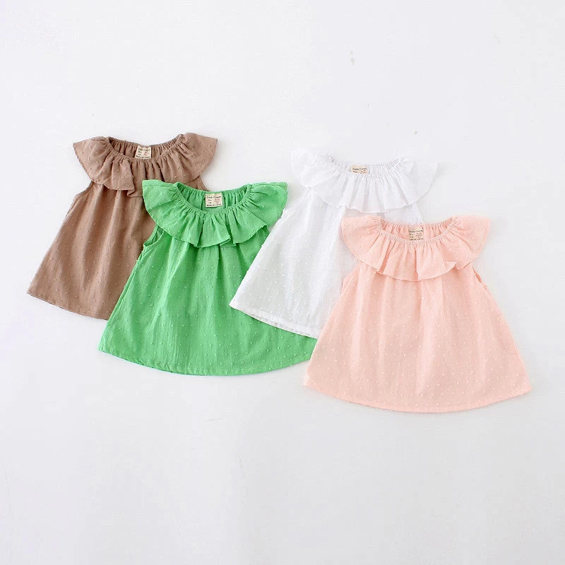 Summer Girls Clothes Lotus Leaf Collar Sleeveless Solid Shirt Casual Girls Shirt Children Blouse