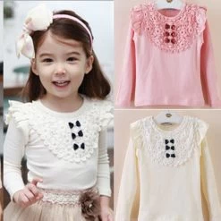 Kids Toddler Clothes Girls Lace Bow Long Sleeve Tops Casual T Shirt Cotton Blouse