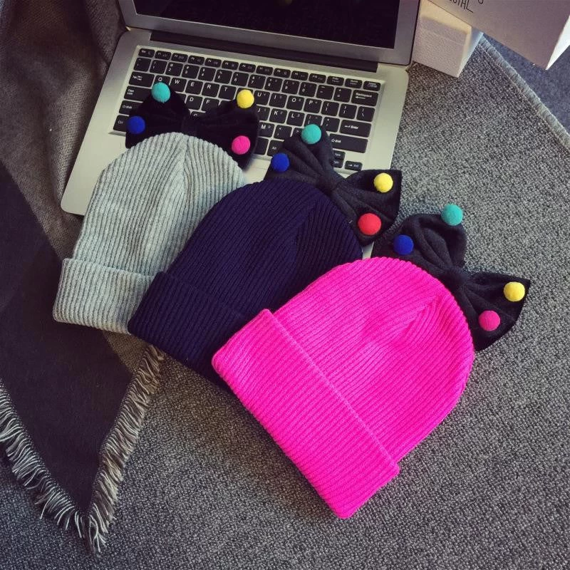 Lovely Girls Knitted Wool Solid Knitted Hats Cute Mix Color Ball Bow-knot Gorro For Kids Girls Children Beanies Hedging