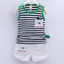Cute Cat Pattern Kid Set Stripe Short Vest+Pants 2pcs Tracksuit For Boys Baby Sets Summer Children Clothes