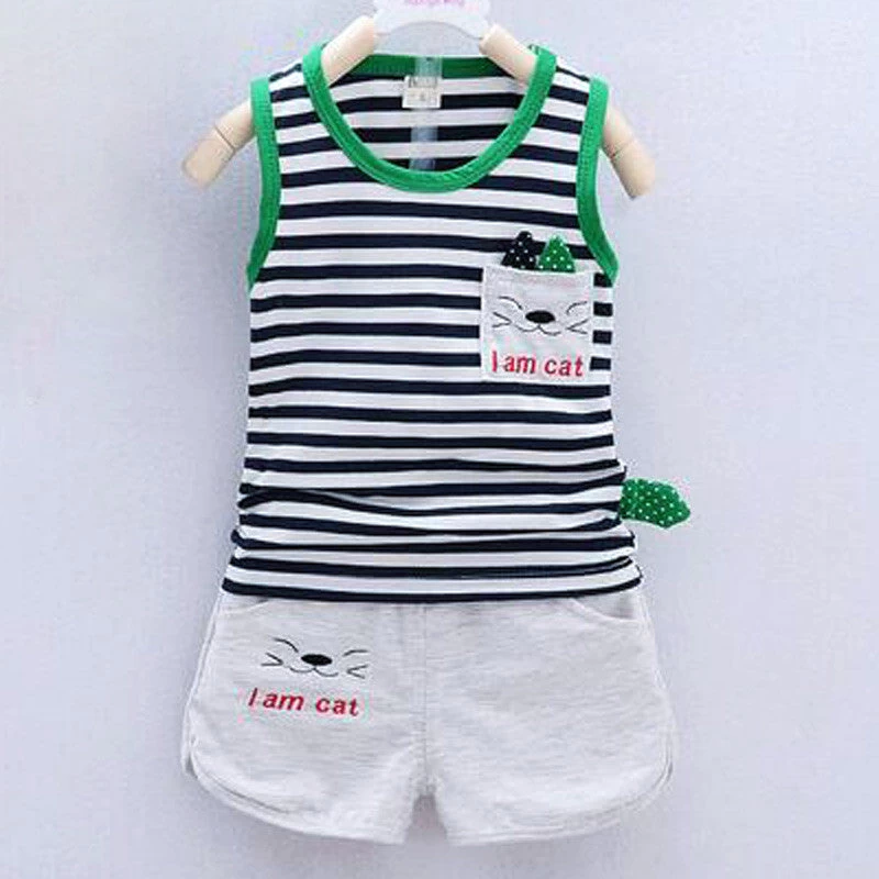 Cute Cat Pattern Kid Set Stripe Short Vest+Pants 2pcs Tracksuit For Boys Baby Sets Summer Children Clothes