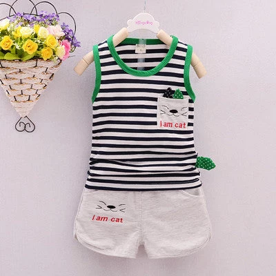 Cute Cat Pattern Kid Set Stripe Short Vest+Pants 2pcs Tracksuit For Boys Baby Sets Summer Children Clothes - Image 3