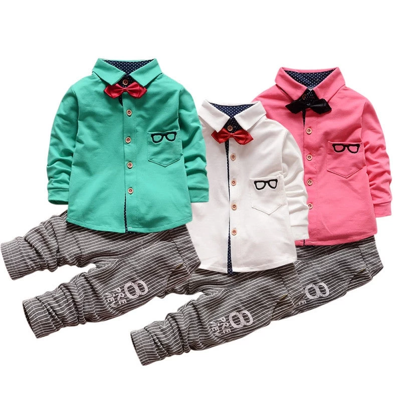 Baby Boy Clothing Sets Children Bow Tie T-shirts Glasses Cartoon+ Pants Cotton Cardigan Two Piece Suit