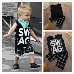 Arriving 2pcs Children Boy Clothes T-shirt Vest Tops + Pants Plaid Harem Casual Black Outfits Sets Boy 1-5 Summer