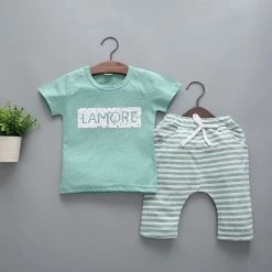 Summer Children Kids Clothes Short Sleeve Cartoon T-Shirt With Striped Pant Boys Clothing Set Sport Suit School Wear Top R5