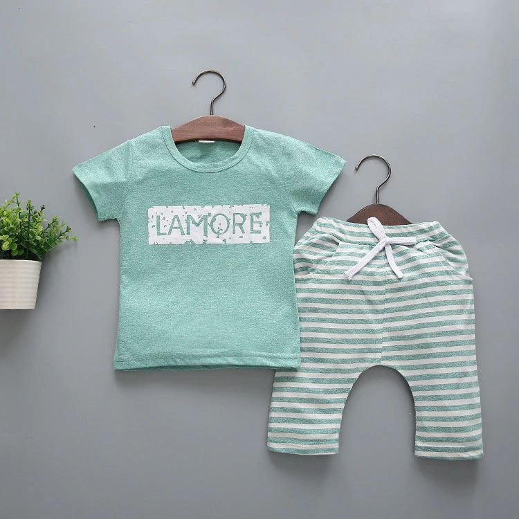 Summer Children Kids Clothes Short Sleeve Cartoon T-Shirt With Striped Pant Boys Clothing Set Sport Suit School Wear Top R5 - Image 2