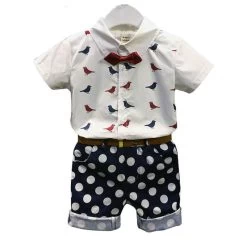 Humor Bear Fishion Baby Boy Clothes Set Children Clothing Bird Blouse+Dot Pant+Bowknot+Belt 4 Pcs Suit Casual Infant Clothing
