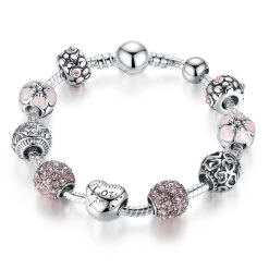 BAMOER Antique 925 Silver Charm Bangle & Bracelet With Love And Flower Crystal Ball Women Wedding Valentine's Day Gift PA1455