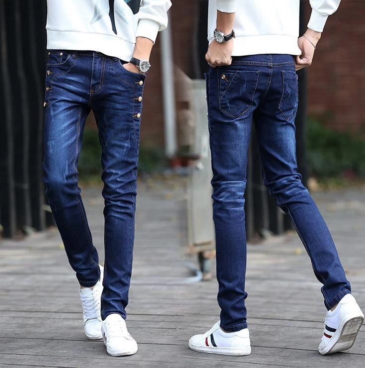 Fashion Teenagers Stretch Slim Fit Black And Blue Button Designers Casual Jeans Boys Hip Hop City Streetwear Men Pencil Pants - Image 2