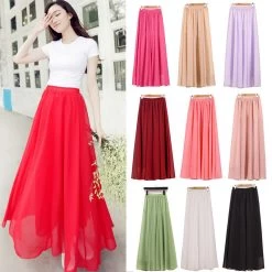 Women Chiffon Long Skirts Candy Color Pleated Maxi Skirts Spring Summer Skirts M L XL 17Colors