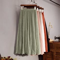 Women Top Cotton And Linen Long Skirt Elastic Waist A-line Pleated Maxi Beach Vintage Summer Skirts