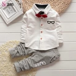 Baby Boy Girls Clothing Sets Children Bow Tie T-shirts Glasses Cartoon+ Pants Kids Cotton Cardigan Two Piece Suit