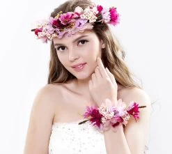 2pc/set Women Wedding Rose Flower Wreath Headband And Wrist Kids Party Flower Crown And Bracelet With Ribbon Adjustable Garlands
