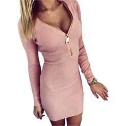 Vestidos Autumn Women Dresses Zipper O-neck Sexy Knitted Dress Long Sleeve Bodycon Sheath Pack Hip Dress Vestidos GV090