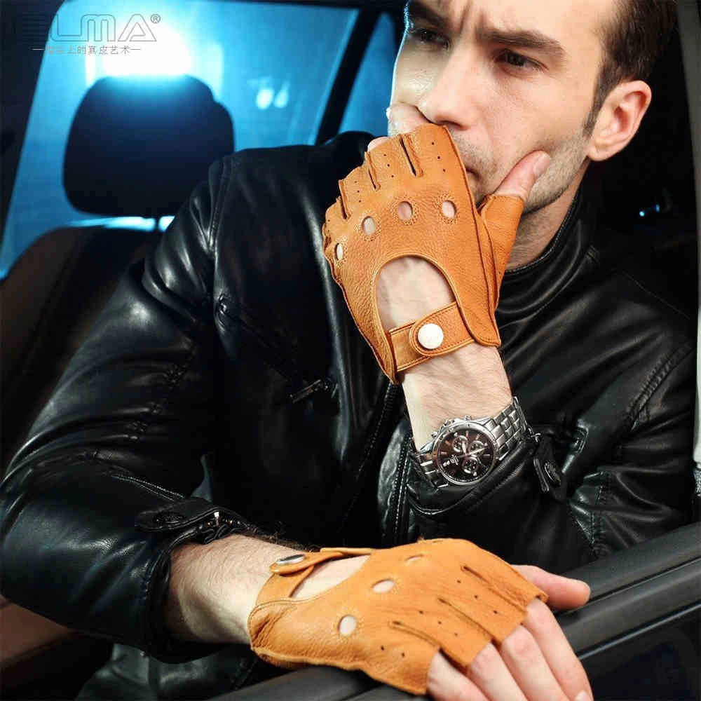 Fashion Men Deerskin Gloves Wrist Half Finger Driving Glove Solid Adult Fingerless Mittens Real Genuine Leather Limited