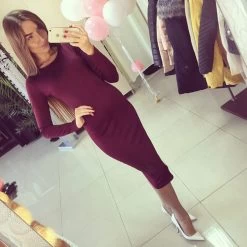 Cotton Long Sleeve Knee Length Midi Dress Slim Bodycon Bandage Autumn Black Wine Red Women Dresses Bandage Q0001