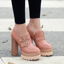 Spring Autumn Thick High Heeled Pumps Round Toe Lacing Female Platform Shoes Casual Office Lady Shoes Square Heeled