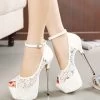 Women Summer Sandals Lace Pumps Women Party Shoes Platform Pumps White Wedding Shoes Stiletto Heels Open Toe Dress Shoes D114