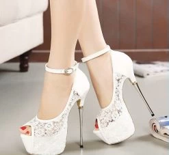 Women Summer Sandals Lace Pumps Women Party Shoes Platform Pumps White Wedding Shoes Stiletto Heels Open Toe Dress Shoes D114