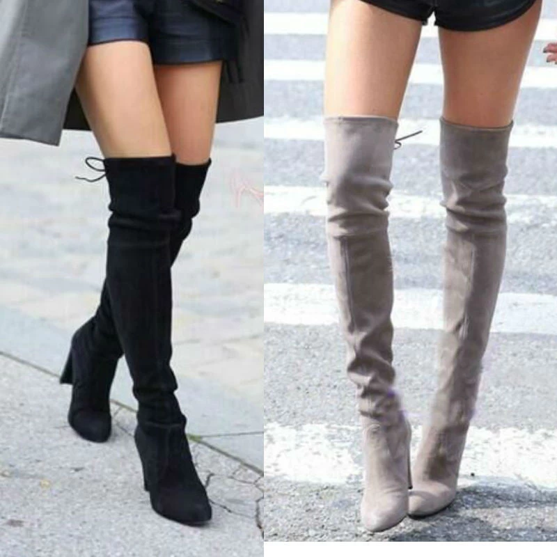 Women Stretch Faux Suede Slim Thigh High Boots Sexy Fashion Over The Knee Boots High Heels Woman Shoes Black Gray Winered