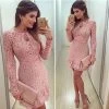 Women Fashion Casual Lace Dress O-Neck Sleeve Pink Evening Party Dresses