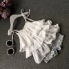 Summer Children's Clothing Girls Suit Chiffon Cake Sling + Pants 2pcs Pearl Flower Halter Top Denim Shorts Kids Set