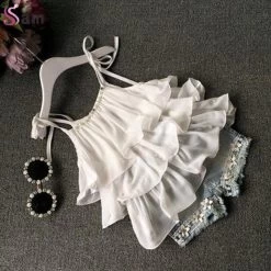 Summer Children's Clothing Girls Suit Chiffon Cake Sling + Pants 2pcs Pearl Flower Halter Top Denim Shorts Kids Set