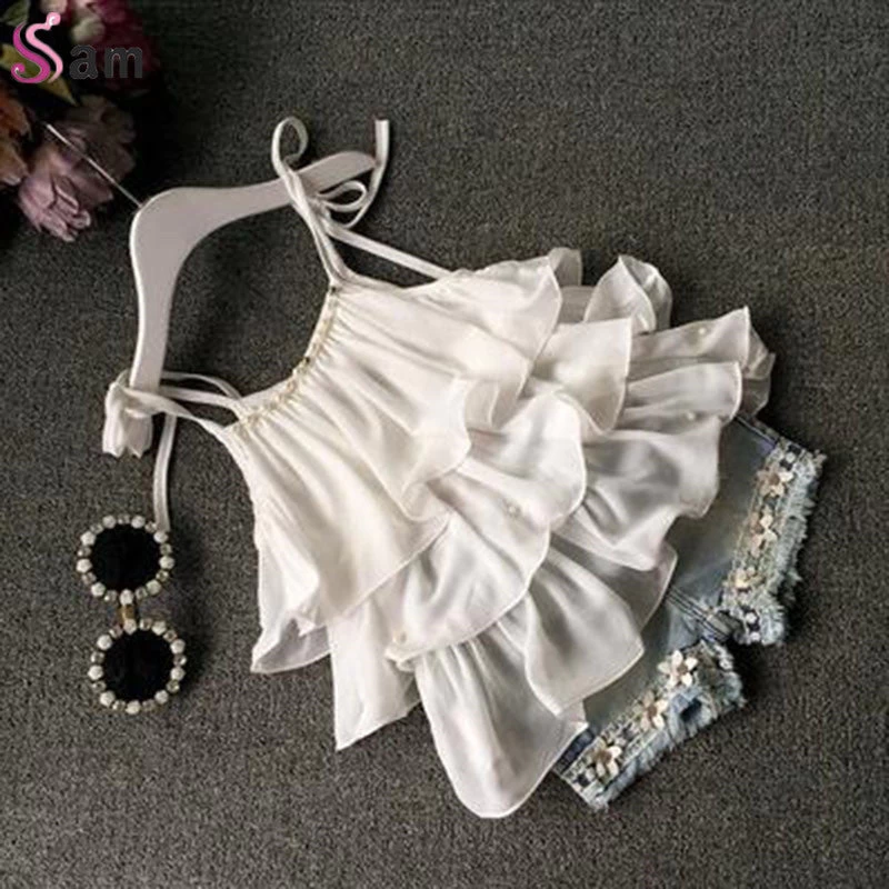 Summer Children's Clothing Girls Suit Chiffon Cake Sling + Pants 2pcs Pearl Flower Halter Top Denim Shorts Kids Set